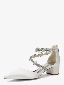 Satin Bridal Shoes Pointed Toe Rhinestones Strappy Chunky Heel Pumps