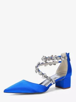 Satin Bridal Shoes Pointed Toe Rhinestones Strappy Chunky Heel Pumps