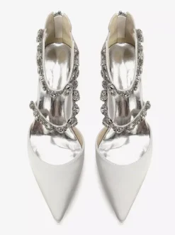 Satin Bridal Shoes Pointed Toe Rhinestones Strappy Chunky Heel Pumps
