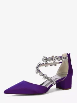 Satin Bridal Shoes Pointed Toe Rhinestones Strappy Chunky Heel Pumps