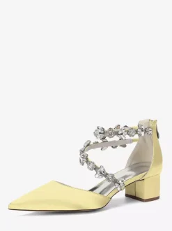 Satin Bridal Shoes Pointed Toe Rhinestones Strappy Chunky Heel Pumps