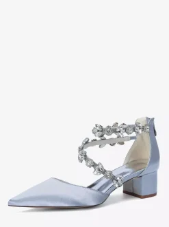 Satin Bridal Shoes Pointed Toe Rhinestones Strappy Chunky Heel Pumps