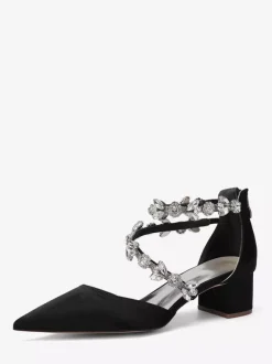 Satin Bridal Shoes Pointed Toe Rhinestones Strappy Chunky Heel Pumps