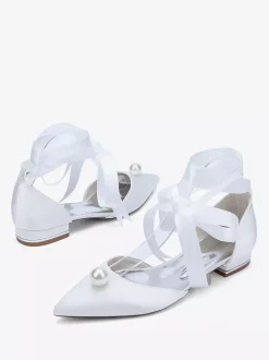 Satin Bridal Shoes Pointed Toe Pearls Lace Up Wedding Guest Shoes