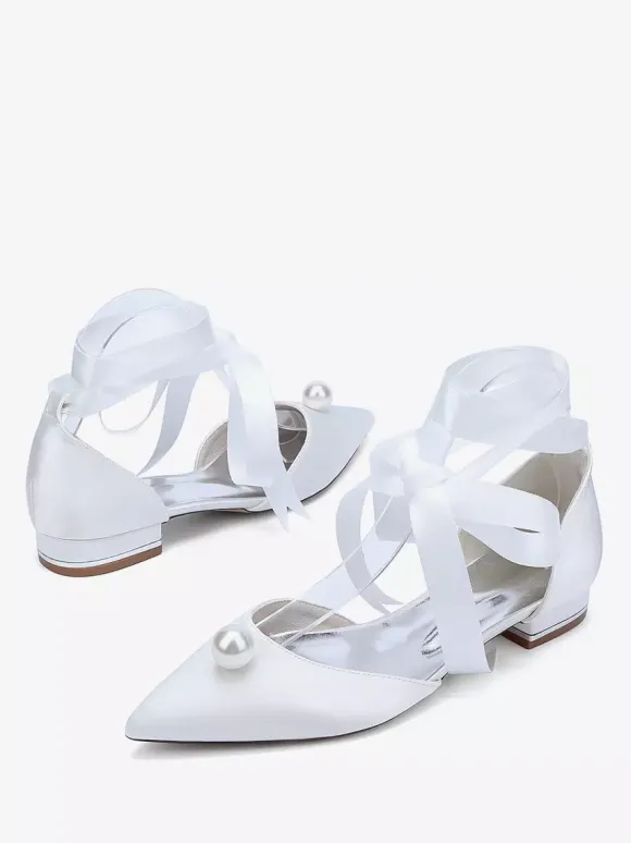 Satin Bridal Shoes Pointed Toe Pearls Lace Up Wedding Guest Shoes