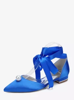 Satin Bridal Shoes Pointed Toe Pearls Lace Up Wedding Guest Shoes