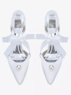 Satin Bridal Shoes Pointed Toe Pearls Lace Up Wedding Guest Shoes