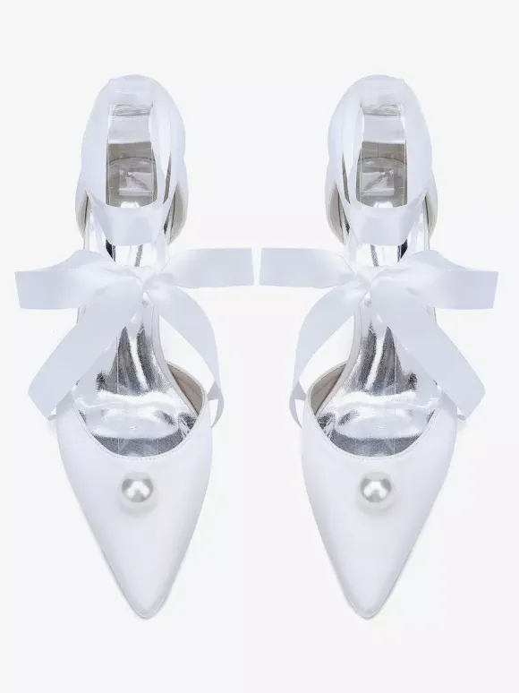 Satin Bridal Shoes Pointed Toe Pearls Lace Up Wedding Guest Shoes