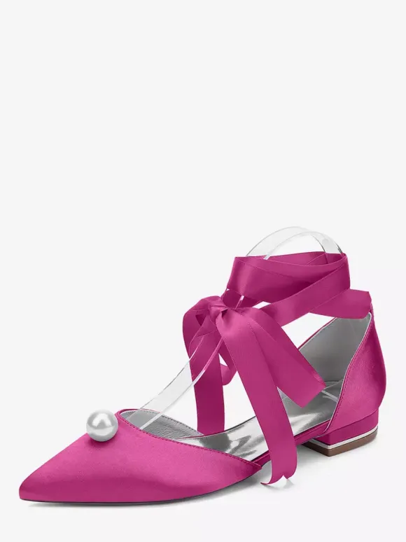 Satin Bridal Shoes Pointed Toe Pearls Lace Up Wedding Guest Shoes