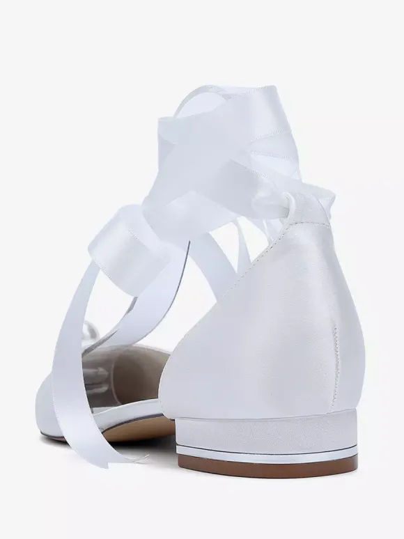 Satin Bridal Shoes Pointed Toe Pearls Lace Up Wedding Guest Shoes
