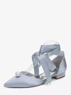 Satin Bridal Shoes Pointed Toe Pearls Lace Up Wedding Guest Shoes