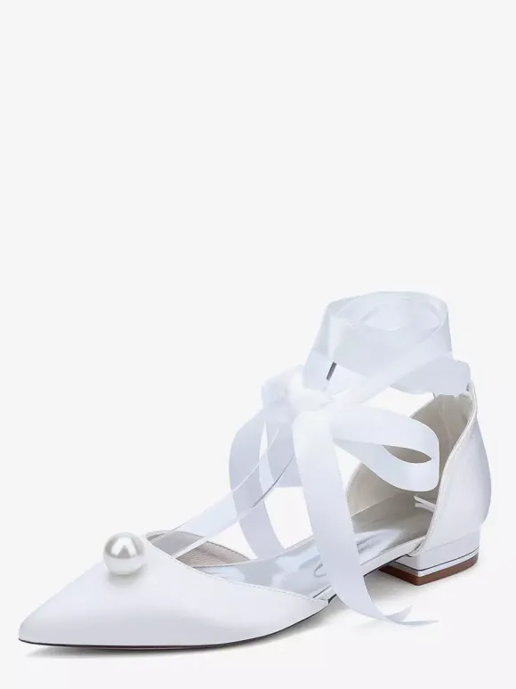 Satin Bridal Shoes Pointed Toe Pearls Lace Up Wedding Guest Shoes