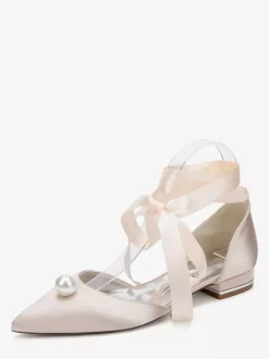 Satin Bridal Shoes Pointed Toe Pearls Lace Up Wedding Guest Shoes