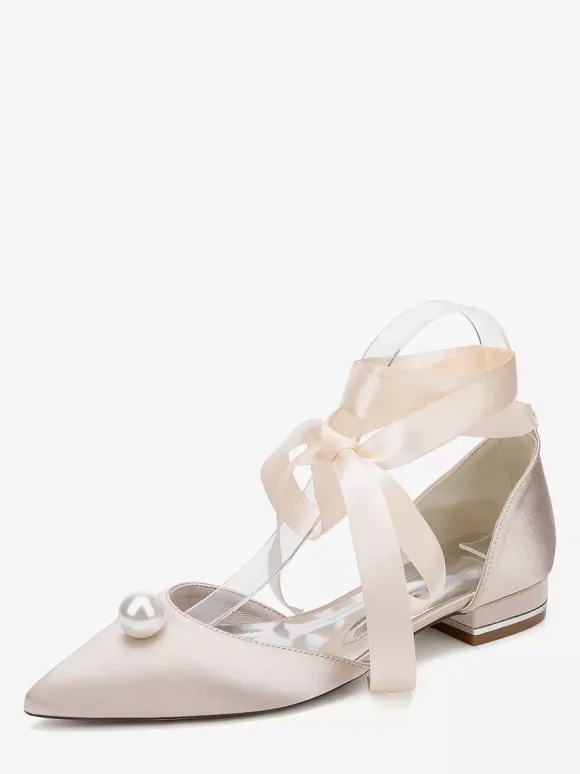 Satin Bridal Shoes Pointed Toe Pearls Lace Up Wedding Guest Shoes