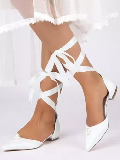 Satin Bridal Shoes Pointed Toe Pearls Lace Up Wedding Guest Shoes