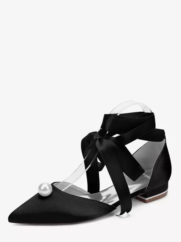 Satin Bridal Shoes Pointed Toe Pearls Lace Up Wedding Guest Shoes