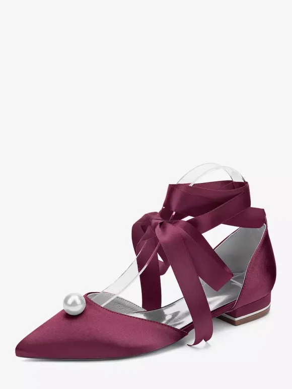 Satin Bridal Shoes Pointed Toe Pearls Lace Up Wedding Guest Shoes