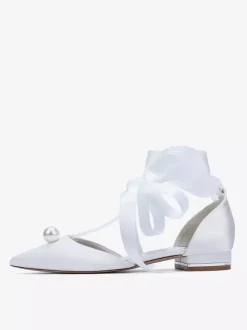 Satin Bridal Shoes Pointed Toe Pearls Lace Up Wedding Guest Shoes