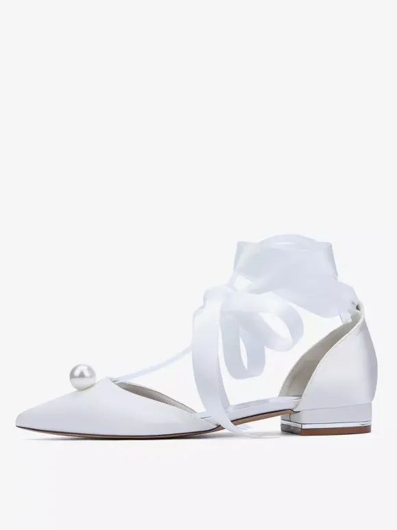 Satin Bridal Shoes Pointed Toe Pearls Lace Up Wedding Guest Shoes