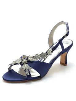 Satin Bridal Shoes Rhinestones Open Toe Kitten Heel Wedding Shoes