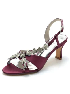 Satin Bridal Shoes Rhinestones Open Toe Kitten Heel Wedding Shoes