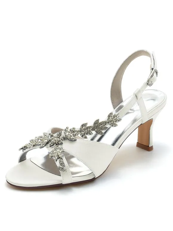 Satin Bridal Shoes Rhinestones Open Toe Kitten Heel Wedding Shoes
