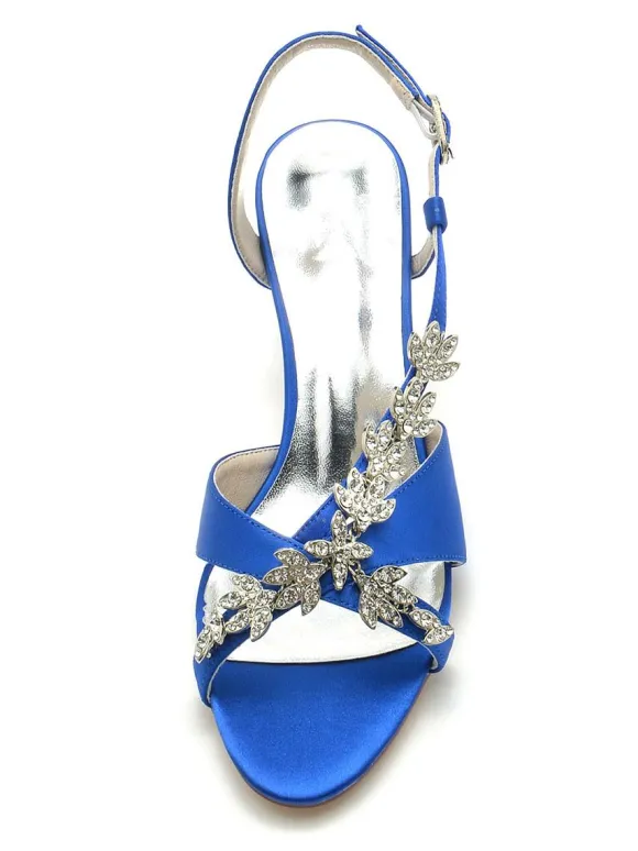 Satin Bridal Shoes Rhinestones Open Toe Kitten Heel Wedding Shoes