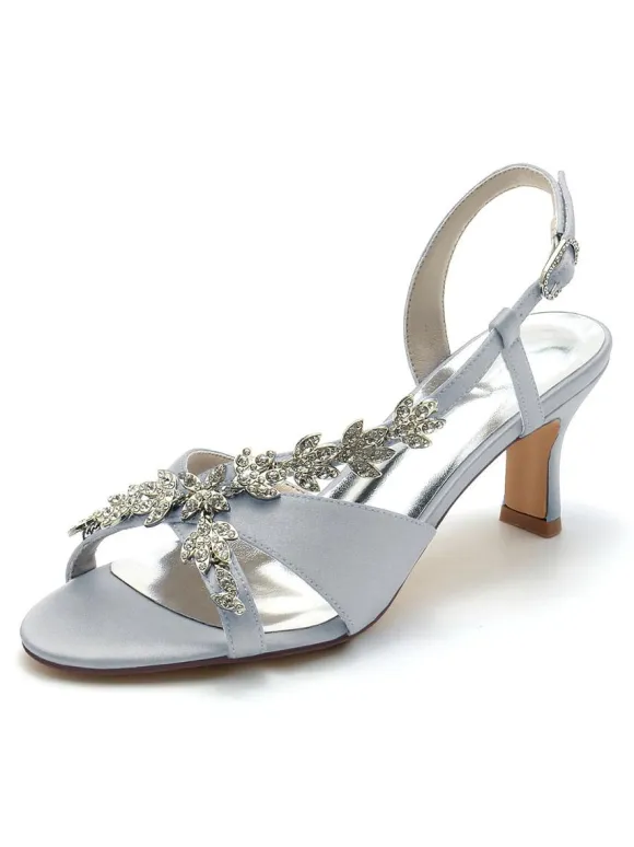 Satin Bridal Shoes Rhinestones Open Toe Kitten Heel Wedding Shoes