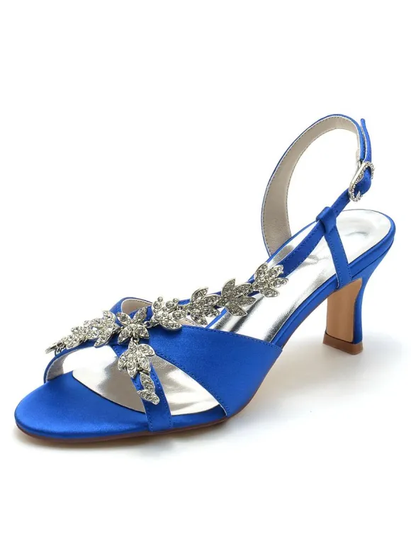 Satin Bridal Shoes Rhinestones Open Toe Kitten Heel Wedding Shoes