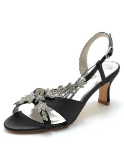 Satin Bridal Shoes Rhinestones Open Toe Kitten Heel Wedding Shoes