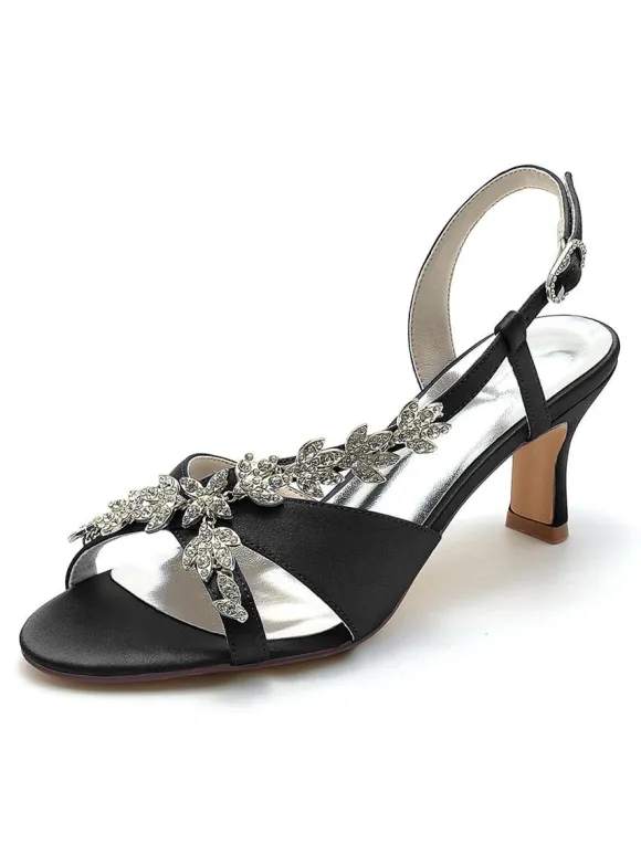 Satin Bridal Shoes Rhinestones Open Toe Kitten Heel Wedding Shoes