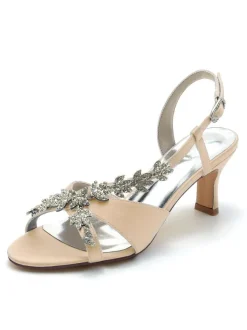 Satin Bridal Shoes Rhinestones Open Toe Kitten Heel Wedding Shoes