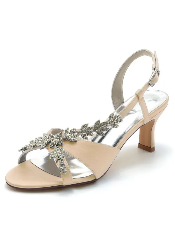 Satin Bridal Shoes Rhinestones Open Toe Kitten Heel Wedding Shoes