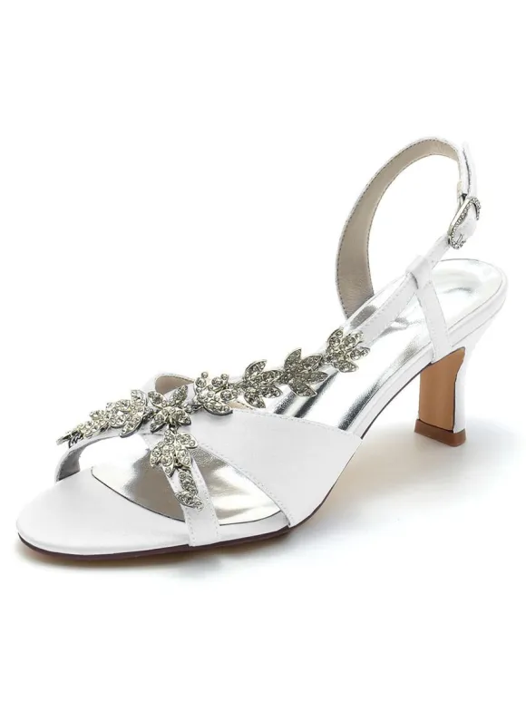 Satin Bridal Shoes Rhinestones Open Toe Kitten Heel Wedding Shoes