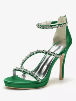 Satin Edding Shoes High Heel Rhinestones Strappy Stittle Hee Bridal Shoes