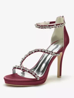 Satin Edding Shoes High Heel Rhinestones Strappy Stittle Hee Bridal Shoes