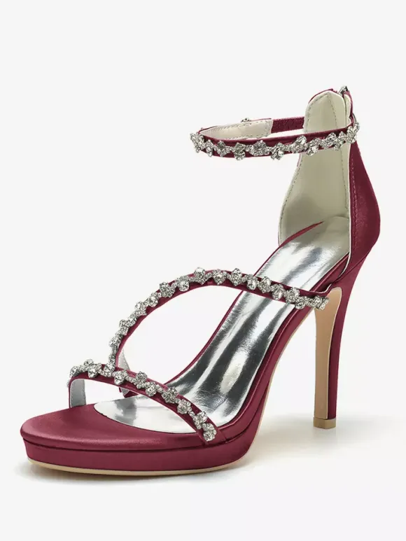 Satin Edding Shoes High Heel Rhinestones Strappy Stittle Hee Bridal Shoes