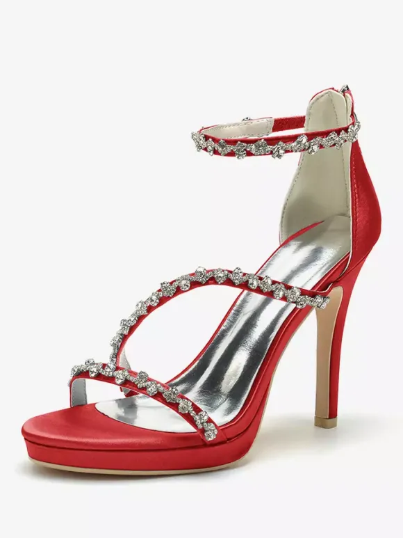 Satin Edding Shoes High Heel Rhinestones Strappy Stittle Hee Bridal Shoes