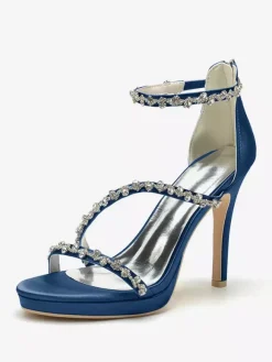 Satin Edding Shoes High Heel Rhinestones Strappy Stittle Hee Bridal Shoes