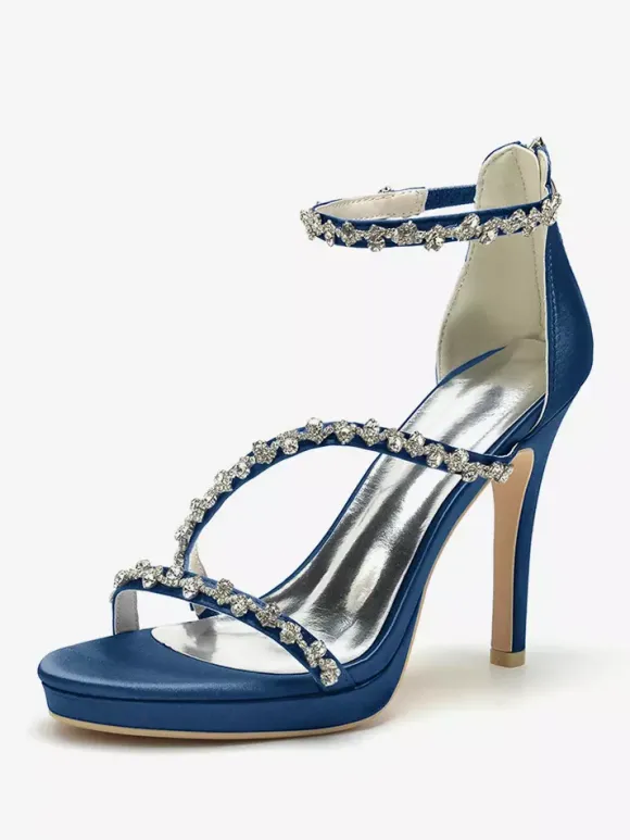 Satin Edding Shoes High Heel Rhinestones Strappy Stittle Hee Bridal Shoes