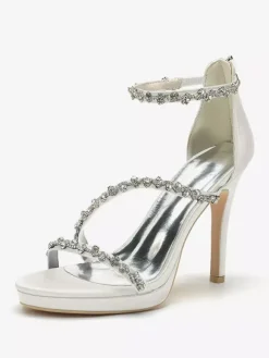 Satin Edding Shoes High Heel Rhinestones Strappy Stittle Hee Bridal Shoes