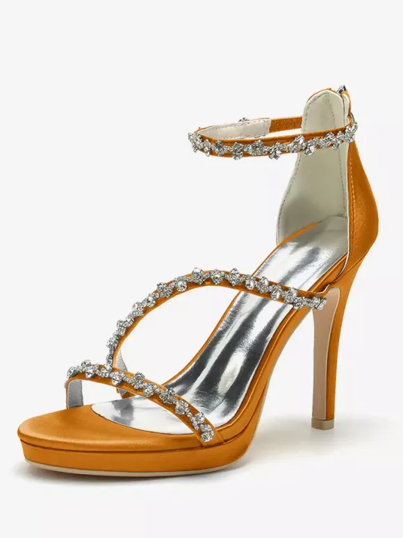 Satin Edding Shoes High Heel Rhinestones Strappy Stittle Hee Bridal Shoes