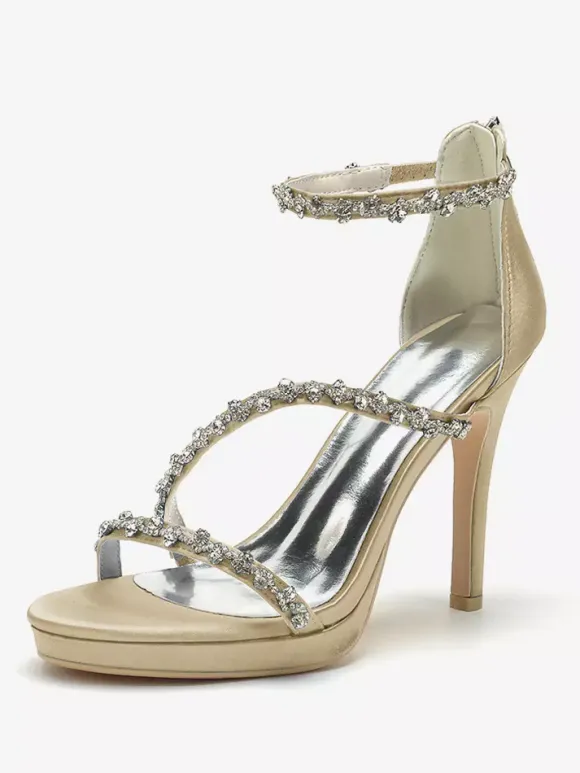 Satin Edding Shoes High Heel Rhinestones Strappy Stittle Hee Bridal Shoes
