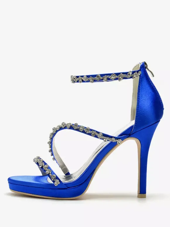 Satin Edding Shoes High Heel Rhinestones Strappy Stittle Hee Bridal Shoes