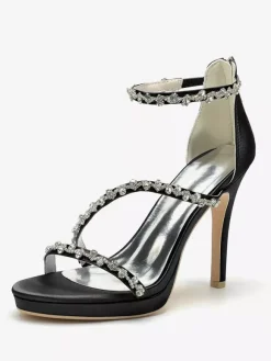 Satin Edding Shoes High Heel Rhinestones Strappy Stittle Hee Bridal Shoes