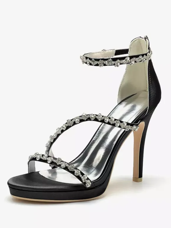 Satin Edding Shoes High Heel Rhinestones Strappy Stittle Hee Bridal Shoes