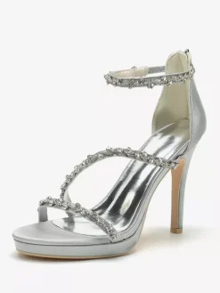 Satin Edding Shoes High Heel Rhinestones Strappy Stittle Hee Bridal Shoes