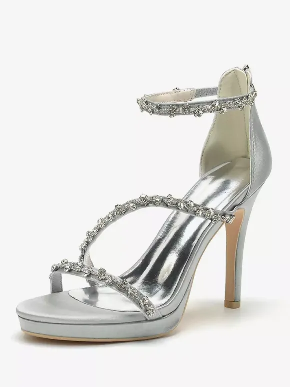 Satin Edding Shoes High Heel Rhinestones Strappy Stittle Hee Bridal Shoes