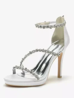 Satin Edding Shoes High Heel Rhinestones Strappy Stittle Hee Bridal Shoes