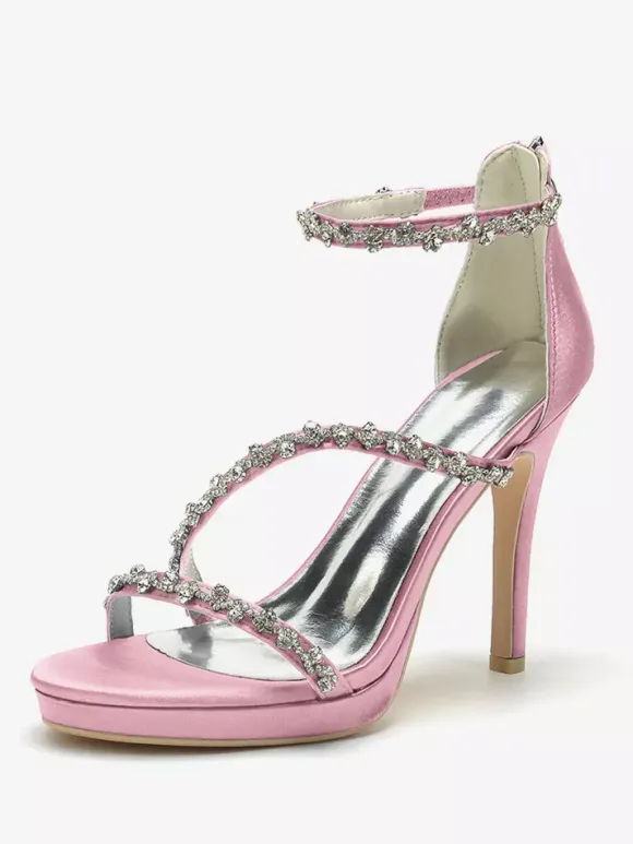 Satin Edding Shoes High Heel Rhinestones Strappy Stittle Hee Bridal Shoes